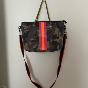 Camo Neoprene Tote Bag with Pink & Orange Stripe Crossbody Strap